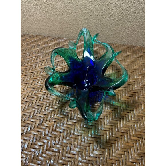 Vintage Murano Hand-Blown Art Glass Centerpiece Webbed Bowl Blue & Green - Picture 3 of 8